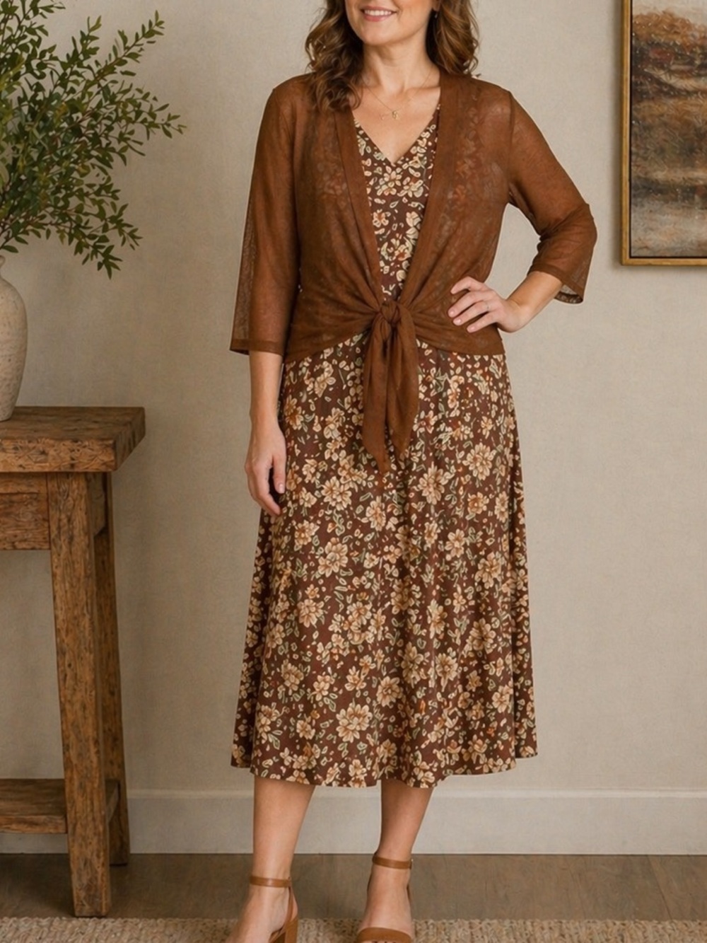 Brown Knit Topper Sweater - Polyester/Spandex Blend